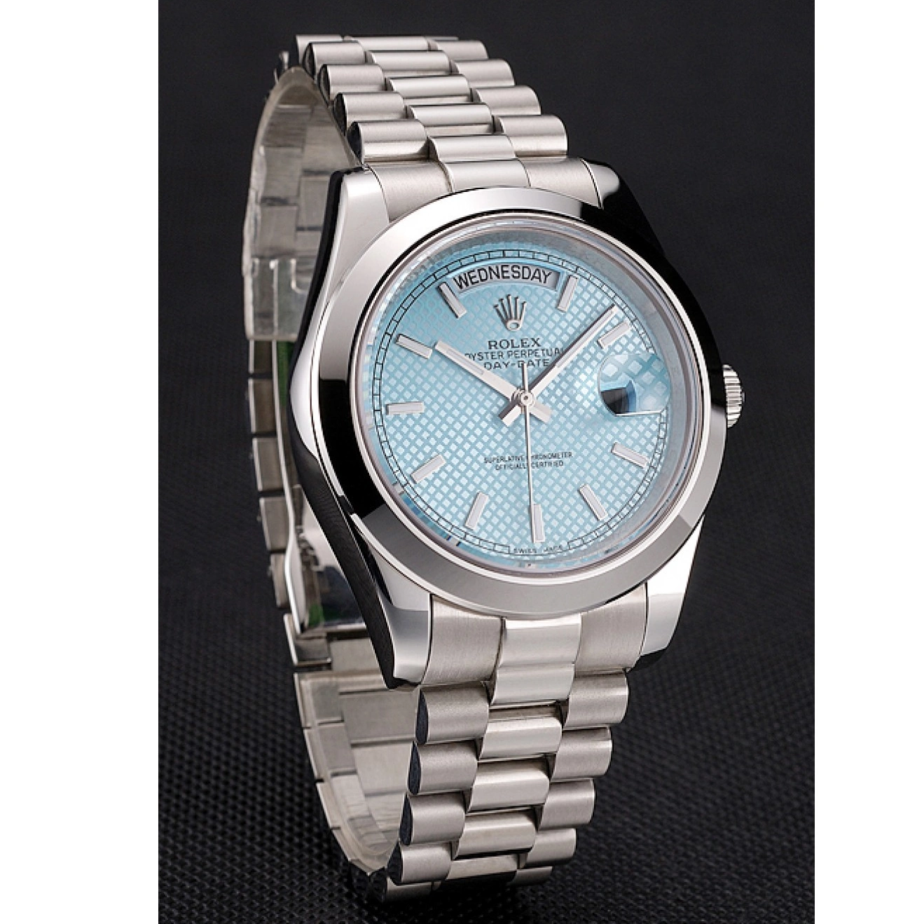 Aaa replica watch Date 40 Rolex Platinum Swiss Day Blue And Stainless Ice Steel Dial Case Bracelet 0621